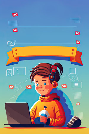 Kid Coding illustration banner with copy space, for student programming classes poster, Generative AIの素材