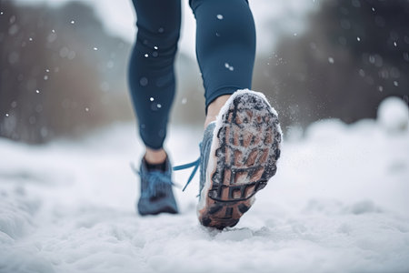 Sneaker Feet walking on thick snow for winter exercise concept, Generative AIの素材