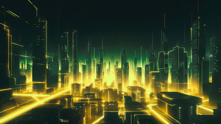 illuminated Yellow Neon Futuristic Metaverse Skyscraper city, for technology advertisement banner, Generative AIの素材