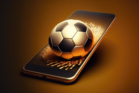 Smartphone with Golden football for Sport online Betting application and live sport streaming concept , Generative AIの素材