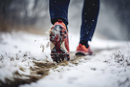 Sneaker Feet walking on thick snow for winter exercise concept, Generative AIの素材