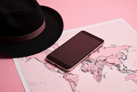 Travel Flatlay accessories pink topview with sunglasses hat and map, for holidays vacation summer concept, Generative AIの素材
