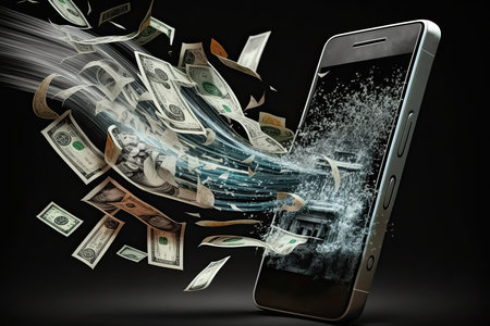 Coin and Note Money flowing out of Mobile phone for Financial profit concept, Generative AI.の素材