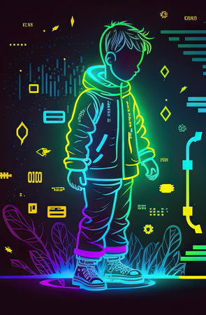 Neon light kid for futuristic metaverse Tech concept, Generative AIの素材