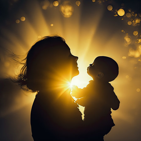 Mother holding a Baby Silhouette with sunlight flare shining from background. Generative AIの素材