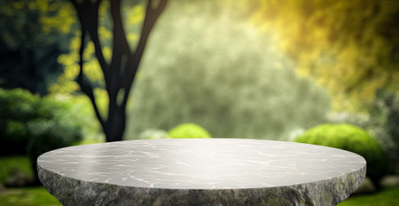 Empty stone table in Green garden for Advertising Mock up, Generative AIの素材