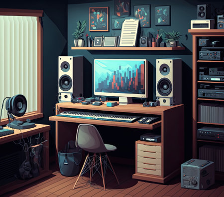 Home Music Studio set up with computer and speaker on working desk, Generative AIの素材