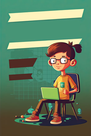 Kid Coding illustration banner with copy space, for student programming classes poster, Generative AIの素材