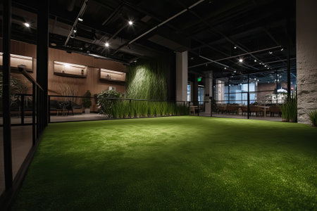 Empty grass sport field indoor cafe for sport soccer and tennis training, Generative AIの素材