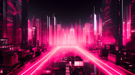 illuminated Pink Neon Futuristic Metaverse Skyscraper city, for technology advertisement banner, Generative AIの素材