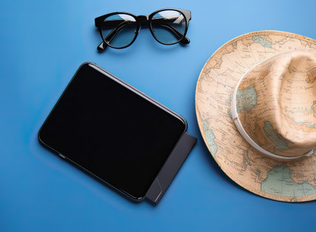 Travel Flatlay accessories Blue topview with sunglasses hat and map, for holidays vacation summer concept, Generative AIの素材