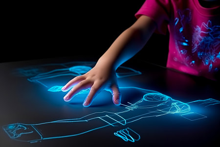 Children drawing on large Digital Tablet touch screen with hand, for futuristic art creative concept, Generative AIの素材