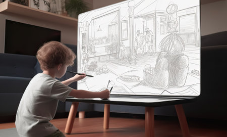 Artist Boy is drawing art work on large white board at home, For creative kid concept, Generative AIの素材