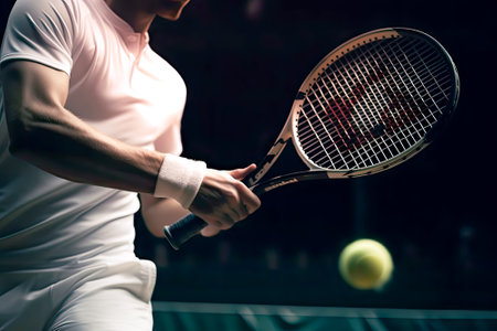 Tennis player is hitting tennis ball hard with Racket studio shot dark tone, Generative AIの素材