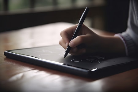 kid hand drawing art on digital tablet with digital pen, for graphic design technology educational, Genertaive AIの素材