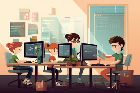 Teen Programmer working on project in a room full of computers, Generative AIの素材