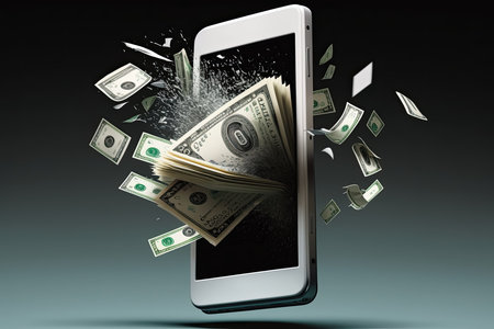 Coin and Note Money flowing out of Mobile phone for Financial profit concept, Generative AI.の素材