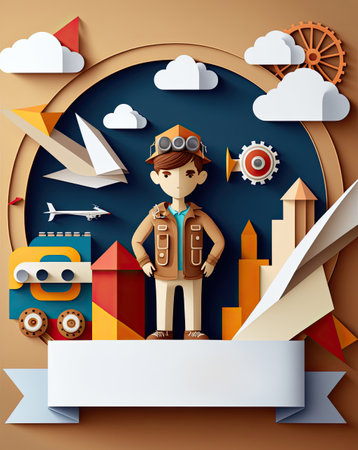 Kid Engineer Education paper cut art banner, Generative AI.の素材
