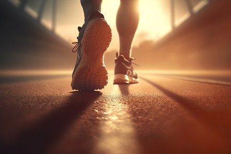 Runner feet with sport shoes getting ready for a walk and run work out with dramatic light sunflare, Generative AIの素材