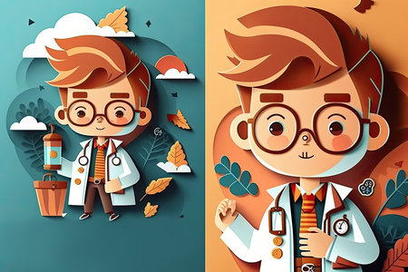 Kid in Doctor Medical professional dress code, Paper cut banner, for Health care and medical concept. Ai generativeの素材