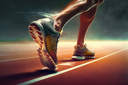 Runner feet with sport shoes getting ready for a walk and run work out with dramatic light sunflare, Generative AIの素材