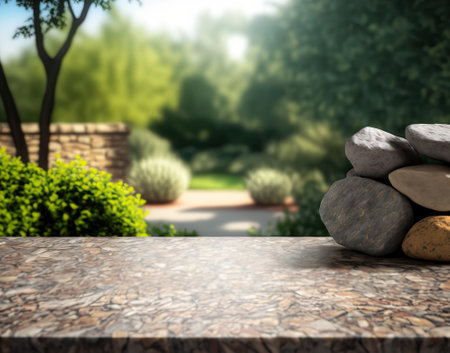 Empty stone table in Green garden for Advertising Mock up, Generative AIの素材