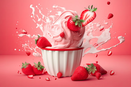 Strawberry Ice Cream Yogurt splashing, swirl mile shake, Generative AIの素材