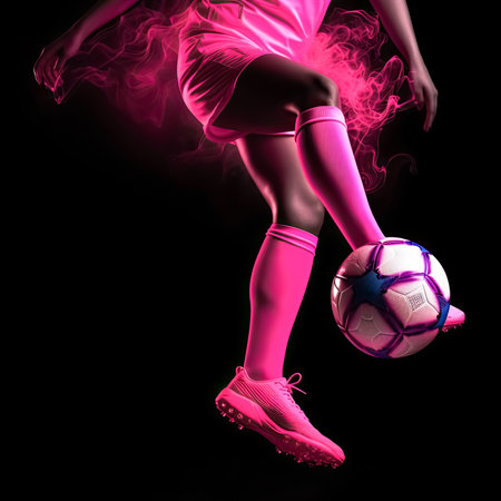 Pink Female Soccer player kicking the ball  for woman athlete concept, Generative AIの素材