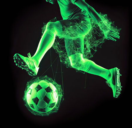 Soccer player leg kicking football on black background with green neon light, Generative AIの素材