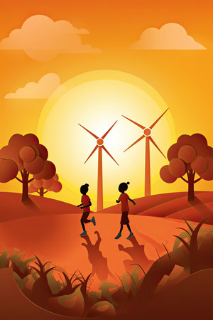 Children are running in Nature with Renewable Wind turbine Energy plant, with sun rising, Generative AIの素材