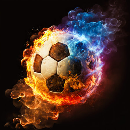 Flame Soccer ball spinning on fire and glowing, Generative AIの素材