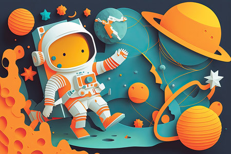 Kid in Astronaut space suit floating in space with Paper Cut Art work for poster, Generative AI.の素材