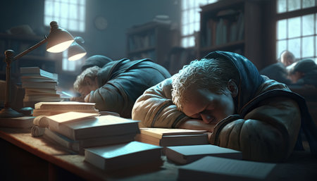 Tired and stressed Students are sleeping on table full of Books, for Exhausted education concept.の素材