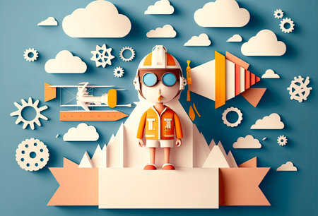 Kid Engineer Education paper cut art banner, Generative AI.の素材