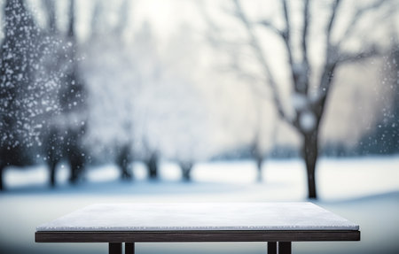 Empty Wooden table in white snow winter for Advertising Mock up, Generative AIの素材