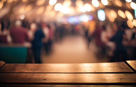 Empty wooden table with crowded restaurant and pub background, generative AIの素材