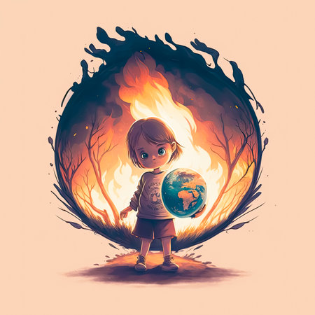 Girl Holding a Burning Earth for Environmental and Global warming concept. Generative AI.の素材