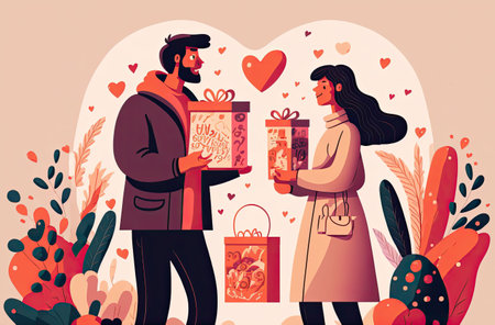 Lover couple is giving gifts to each other on Special Valentines day and Dating date, red toning,  Generative AIの素材