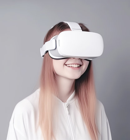 Young woman is wearing VR headset virtual reality, portrait on gray background, Generative AIの素材