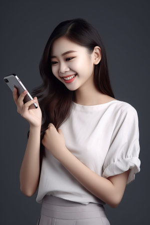 Happy Asian Female Teenager smile while using mobile phone in her hand on gray background, Generative AIの素材