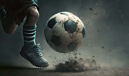 Kid foot kicking soccer ball closed up shot, Generative AIの素材