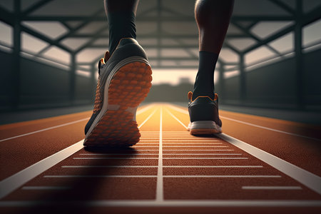 Sport person foot on a running track ready for active exercise and Starting concept, Generative AIの素材