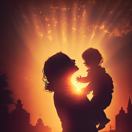 Silhouette Shadow of a Mother holding a child in Sun Flare light with nature Background, Generative AIの素材