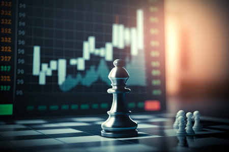 Chess on a board with Stock trading graph background for Digital Financial strategy concept, Generative AIの素材