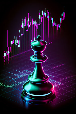 Chess on a Neon board with Stock trading graph background for Digital Financial strategy concept, Generative AIの素材