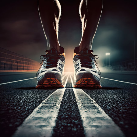 Runner Sport athlete foot and sneaker standing on running track ready for exercise, AI generative.の素材