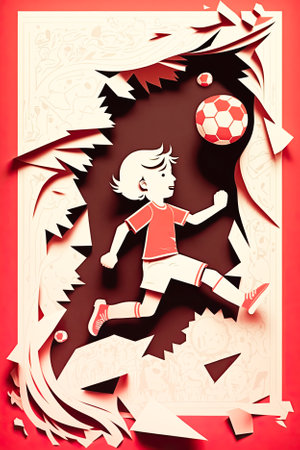 Kid kicking soccer red poster for football academy banner, Generative AIの素材