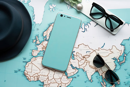 Travel Top view with map and mobile phone hat flat lay for tourism background in blue and teal tone, Generative AIの素材