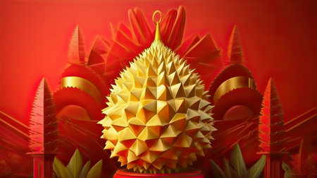 Durian fruit studio shot on Red background as tropical fruit of thailand, Generative AIの素材