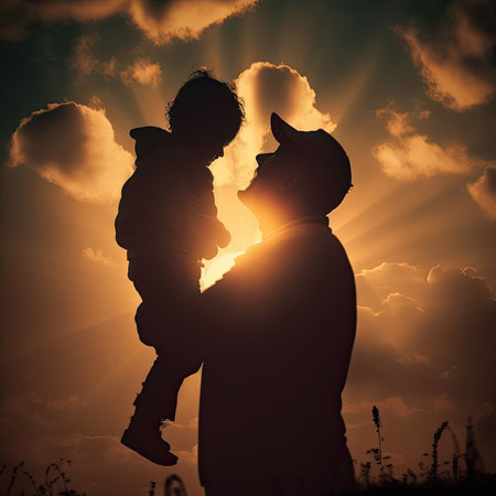 Silhouette shadow of a father holding his child up hight with sunset light flare in background, Generative AIの素材